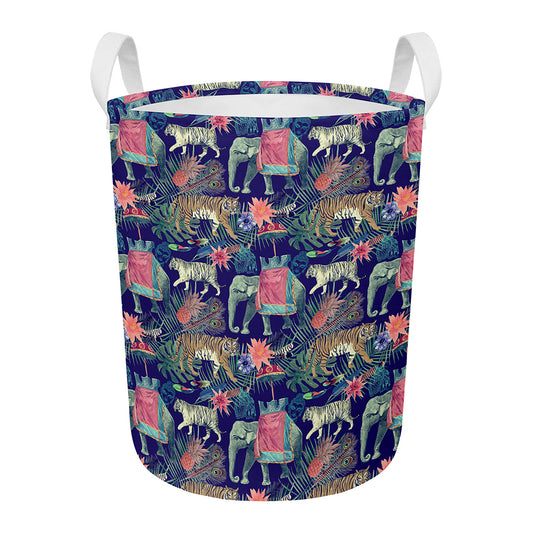 Asian Elephant And Tiger Print Round Laundry Basket