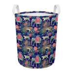 Asian Elephant And Tiger Print Round Laundry Basket