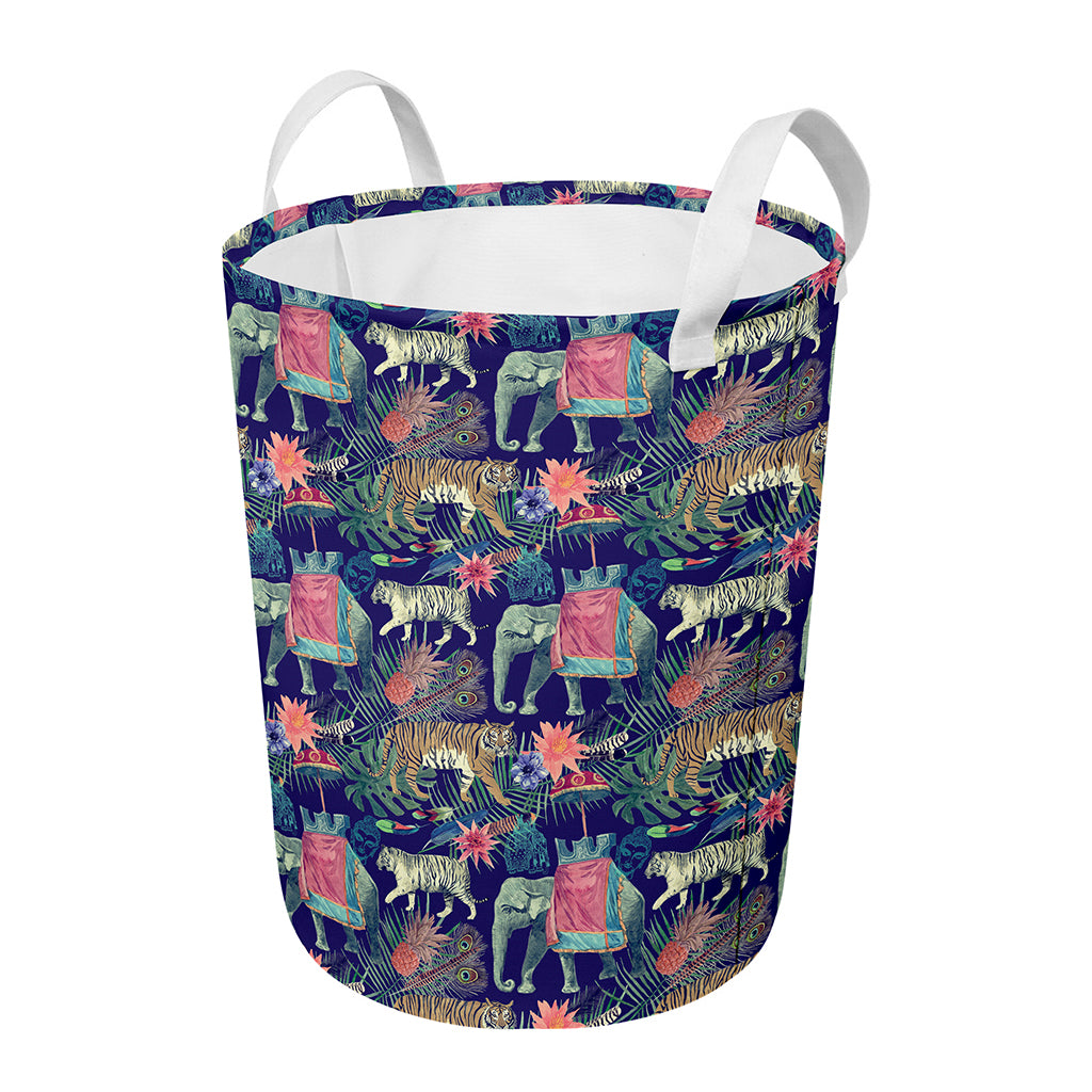 Asian Elephant And Tiger Print Round Laundry Basket