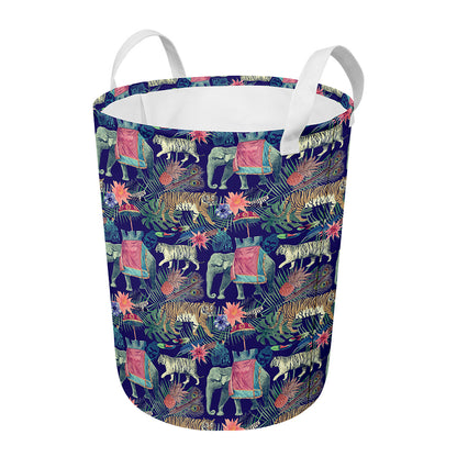 Asian Elephant And Tiger Print Round Laundry Basket