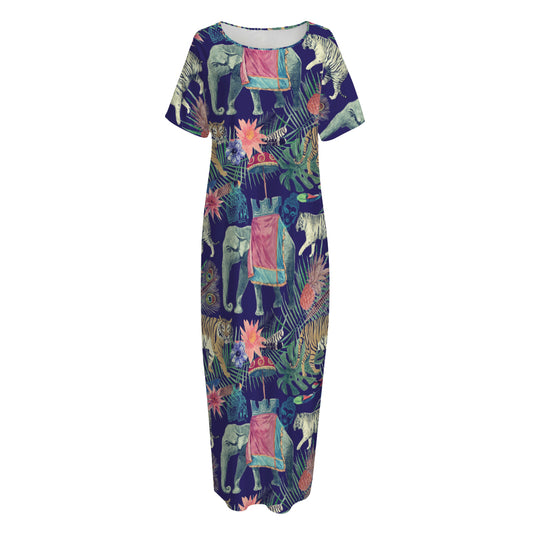 Asian Elephant And Tiger Print Short Sleeve Long Nightdress