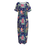 Asian Elephant And Tiger Print Short Sleeve Long Nightdress