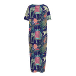 Asian Elephant And Tiger Print Short Sleeve Long Nightdress
