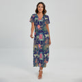 Asian Elephant And Tiger Print Short Sleeve Maxi Dress