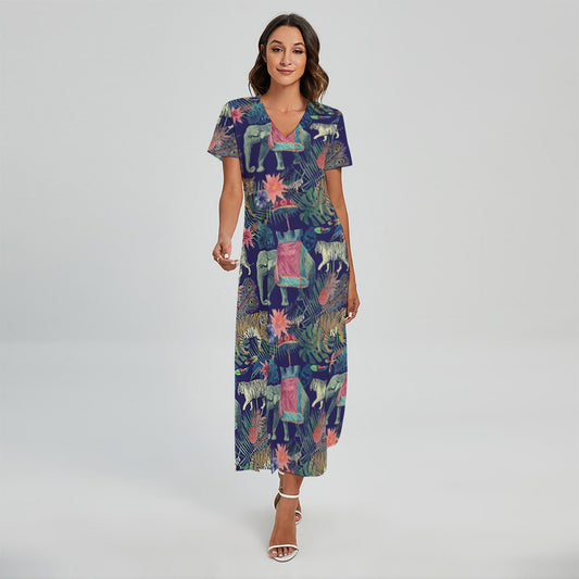 Asian Elephant And Tiger Print Short Sleeve Maxi Dress