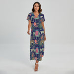 Asian Elephant And Tiger Print Short Sleeve Maxi Dress