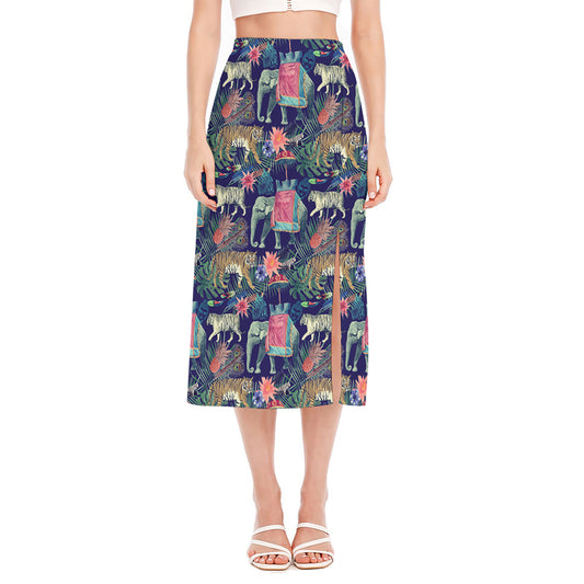 Asian Elephant And Tiger Print Side Slit Midi Skirt