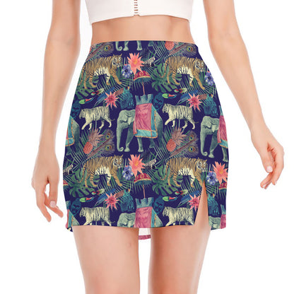 Asian Elephant And Tiger Print Side Slit Mini Skirt