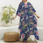 Asian Elephant And Tiger Print Silk V-Neck Kaftan Dress