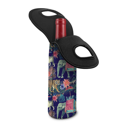 Asian Elephant And Tiger Print Single Neoprene Wine Tote