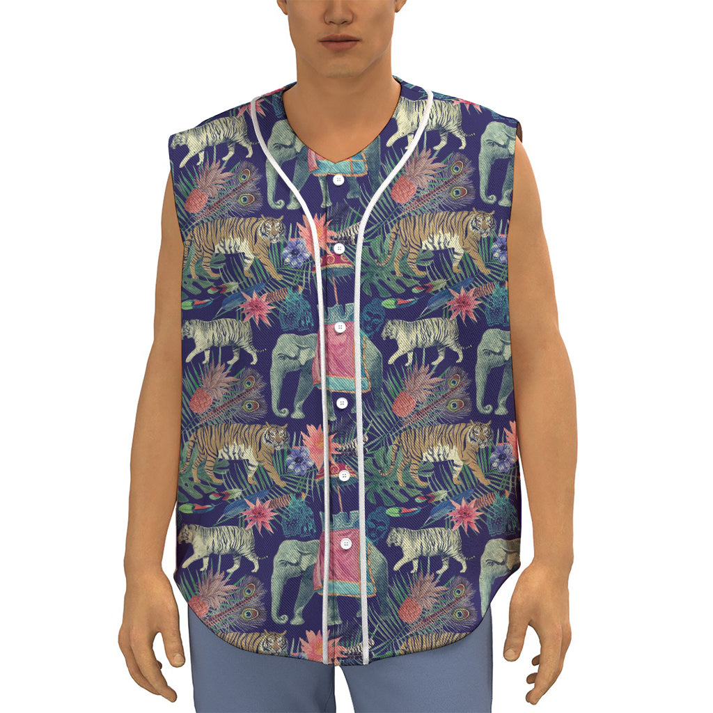 Asian Elephant And Tiger Print Sleeveless Baseball Jersey