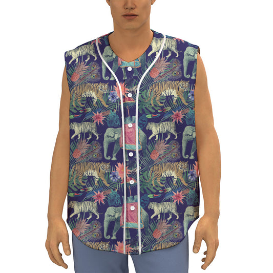 Asian Elephant And Tiger Print Sleeveless Baseball Jersey