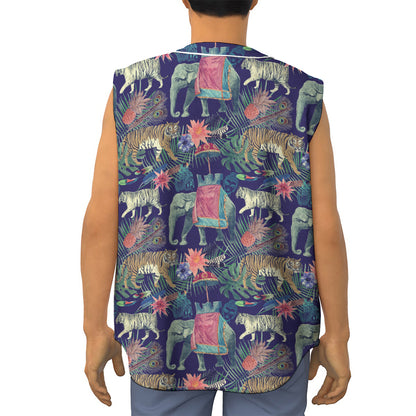 Asian Elephant And Tiger Print Sleeveless Baseball Jersey
