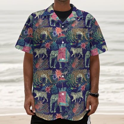 Asian Elephant And Tiger Print Textured Short Sleeve Shirt