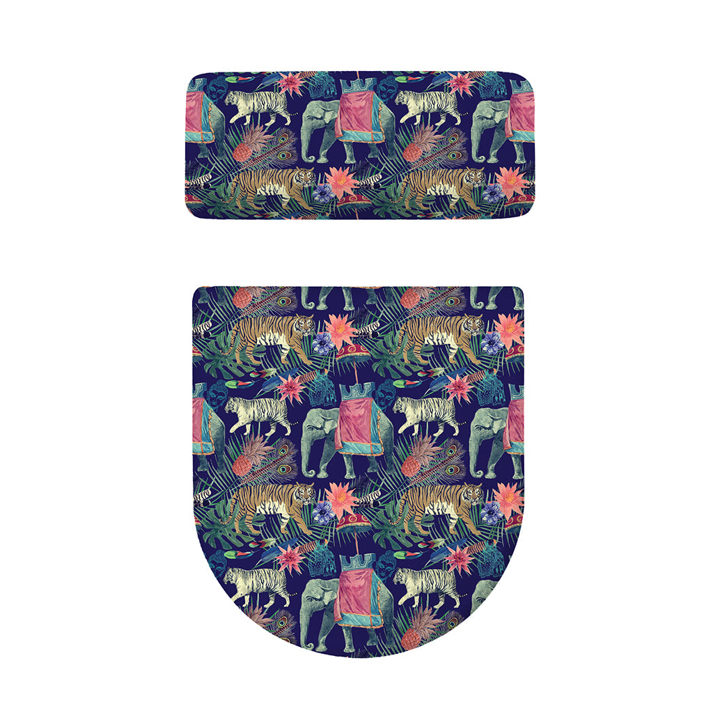 Asian Elephant And Tiger Print Toilet Lid And Tank Cover Set