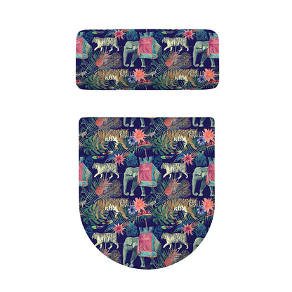 Asian Elephant And Tiger Print Toilet Lid And Tank Cover Set
