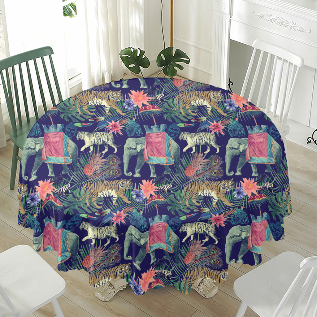 Asian Elephant And Tiger Print Waterproof Round Tablecloth