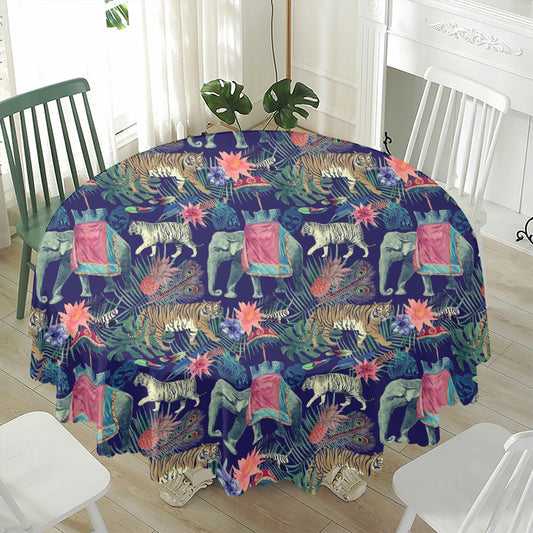 Asian Elephant And Tiger Print Waterproof Round Tablecloth