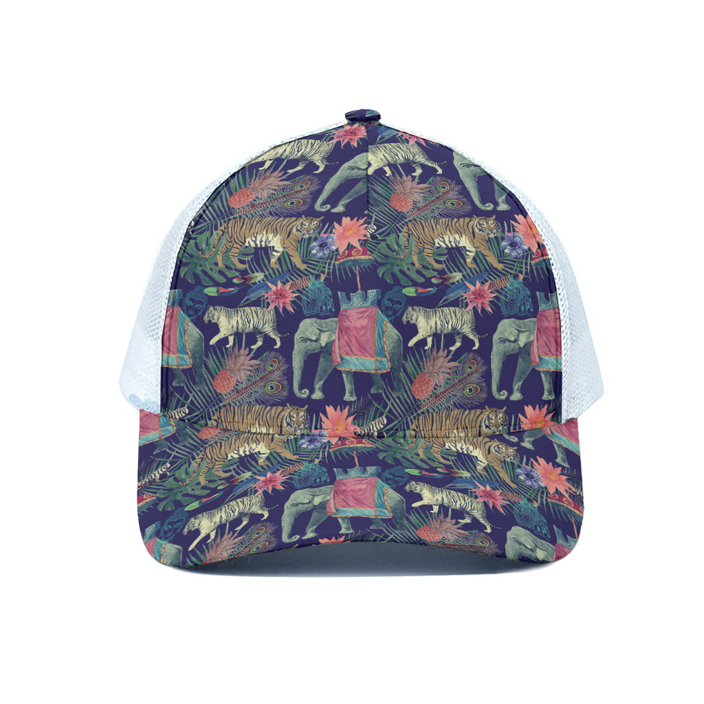 Asian Elephant And Tiger Print White Mesh Trucker Cap