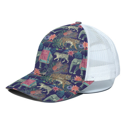 Asian Elephant And Tiger Print White Mesh Trucker Cap