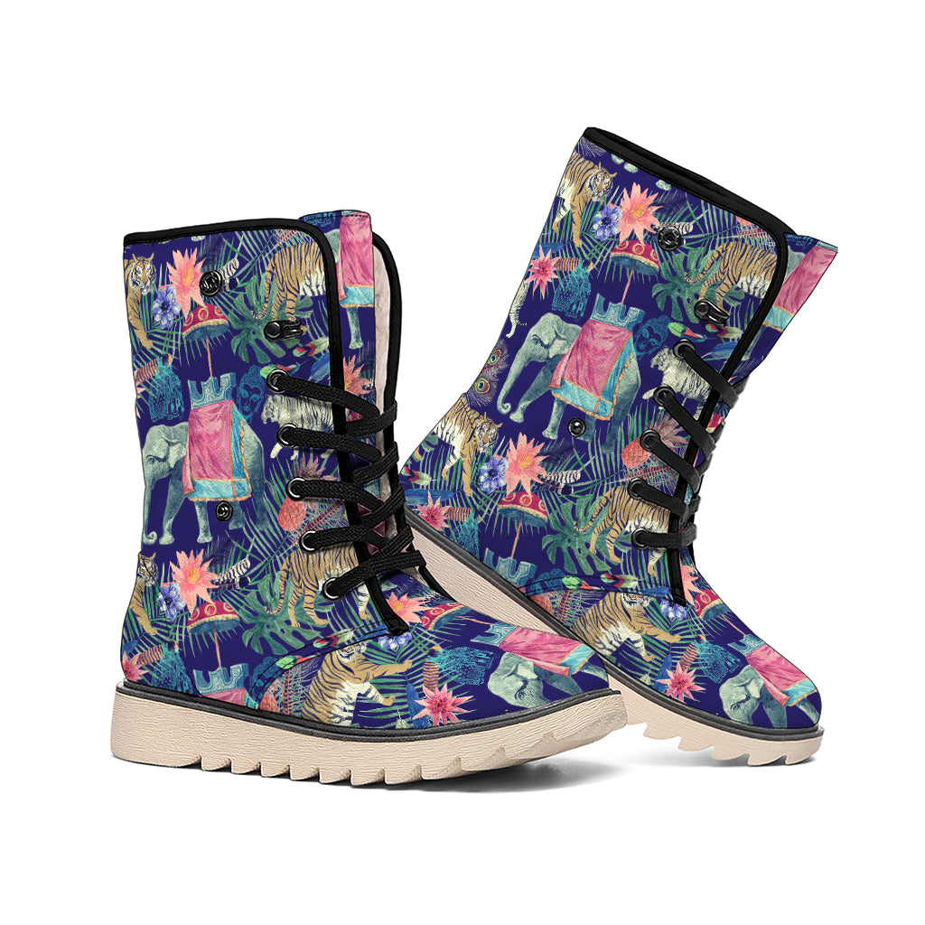 Asian Elephant And Tiger Print Winter Boots