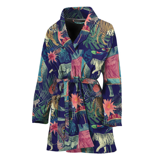Asian Elephant And Tiger Print Women's Bathrobe