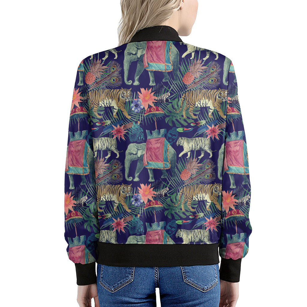 Asian Elephant And Tiger Print Women's Bomber Jacket
