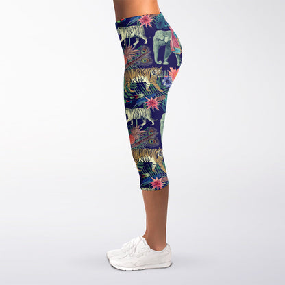 Asian Elephant And Tiger Print Women's Capri Leggings