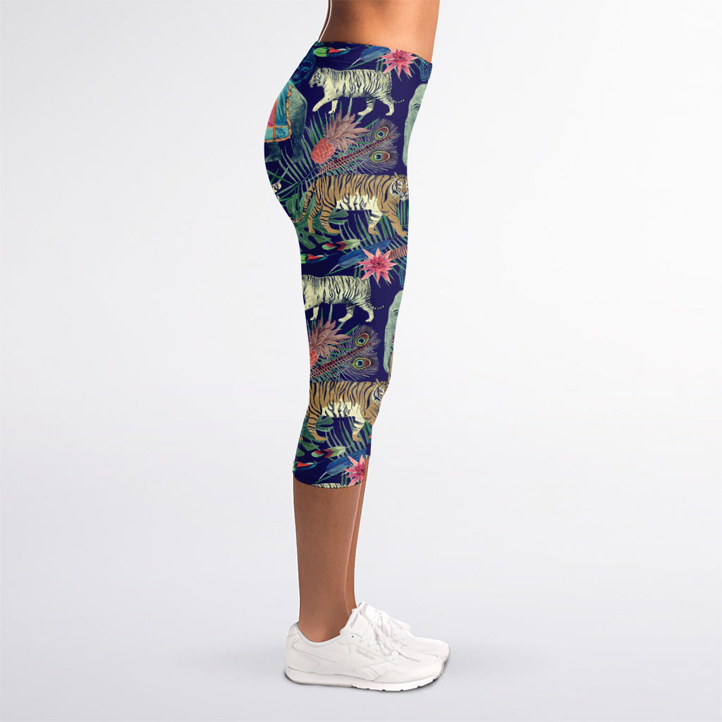 Asian Elephant And Tiger Print Women's Capri Leggings