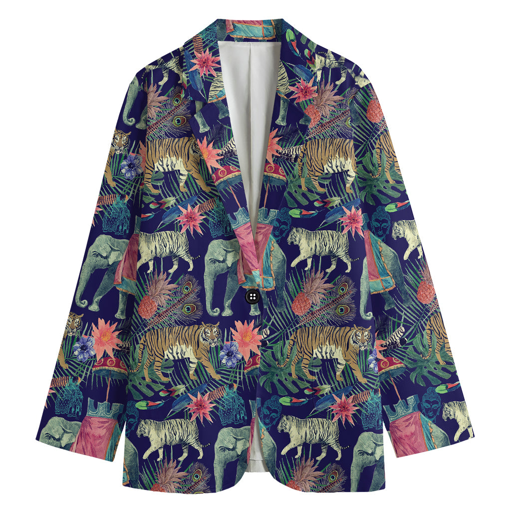 Asian Elephant And Tiger Print Women's Cotton Blazer