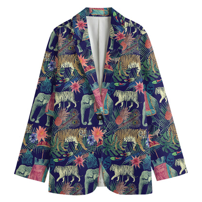 Asian Elephant And Tiger Print Women's Cotton Blazer