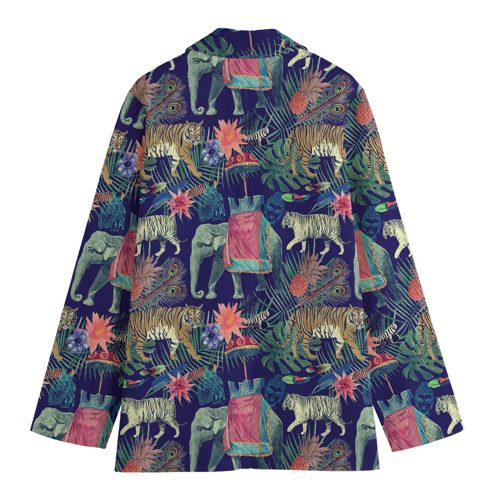 Asian Elephant And Tiger Print Women's Cotton Blazer