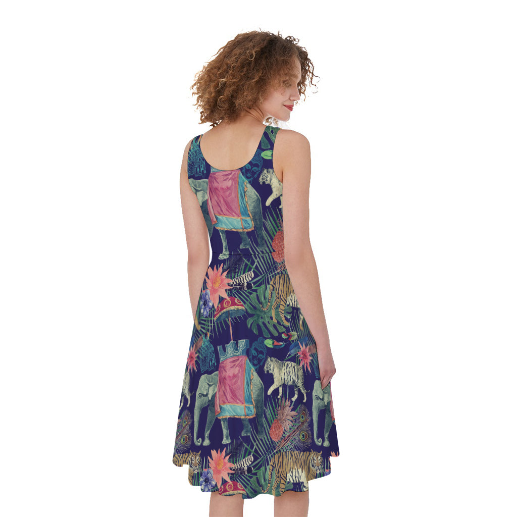 Asian Elephant And Tiger Print Women's Sleeveless Dress
