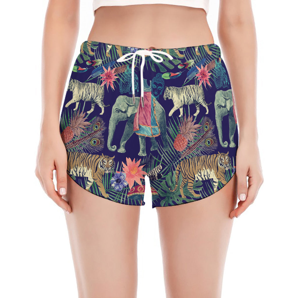 Asian Elephant And Tiger Print Women's Split Running Shorts