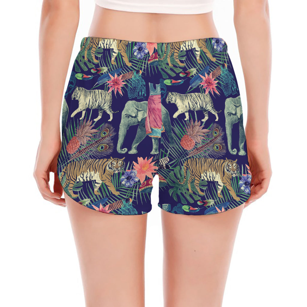 Asian Elephant And Tiger Print Women's Split Running Shorts