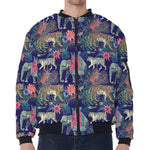 Asian Elephant And Tiger Print Zip Sleeve Bomber Jacket