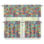 Asian Paisley Pattern Print 3 Piece Kitchen Curtains