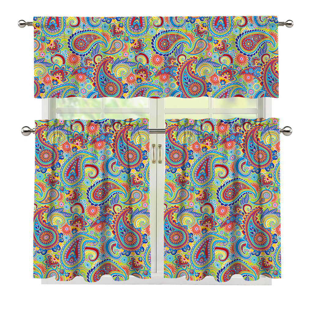 Asian Paisley Pattern Print 3 Piece Kitchen Curtains
