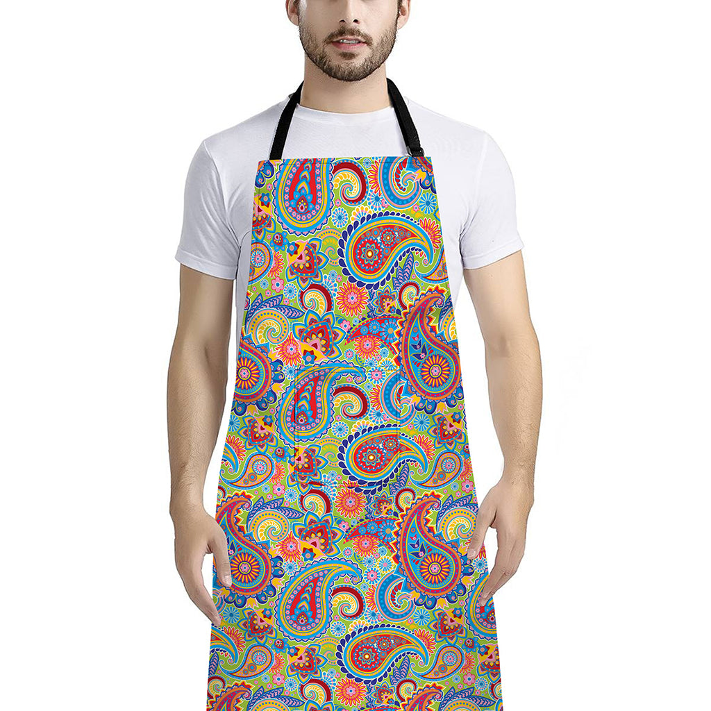 Asian Paisley Pattern Print Bib Apron With Pocket