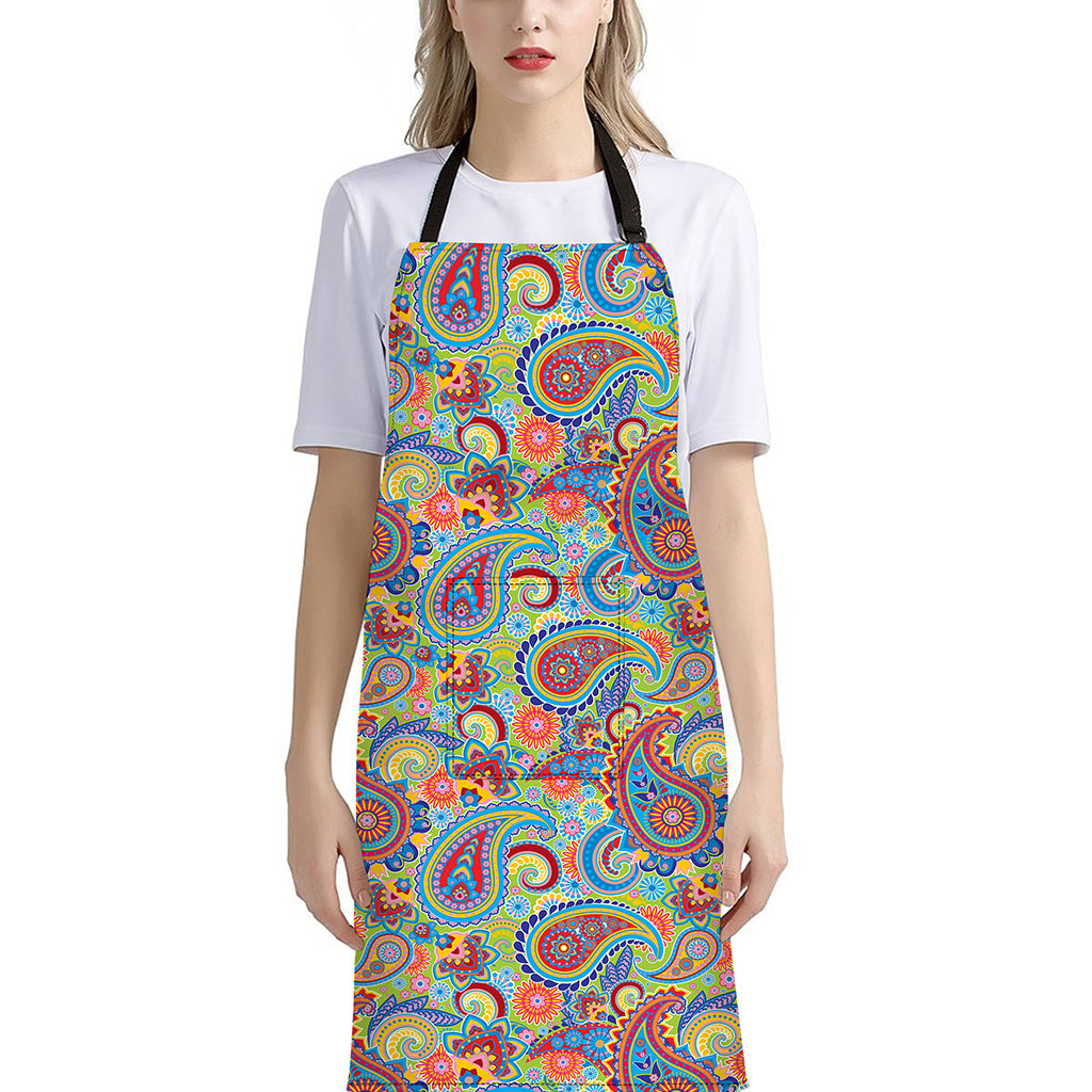 Asian Paisley Pattern Print Bib Apron With Pocket