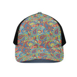Asian Paisley Pattern Print Black Mesh Trucker Cap