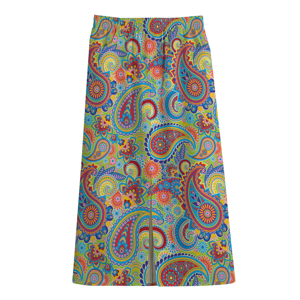 Asian Paisley Pattern Print Cotton Front Slit Maxi Skirt