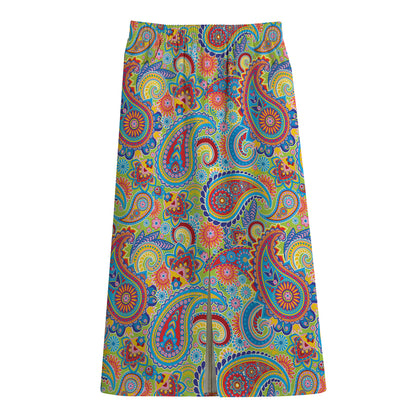 Asian Paisley Pattern Print Cotton Front Slit Maxi Skirt