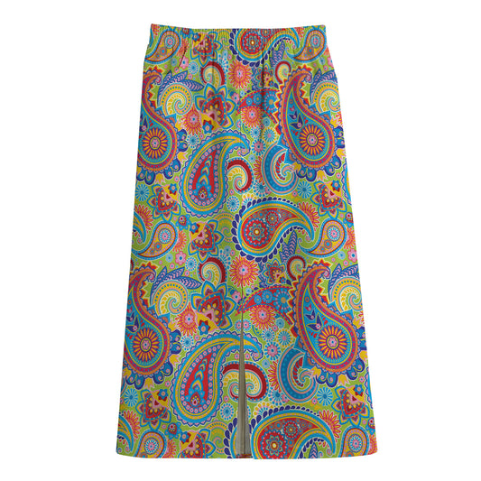 Asian Paisley Pattern Print Cotton Front Slit Maxi Skirt
