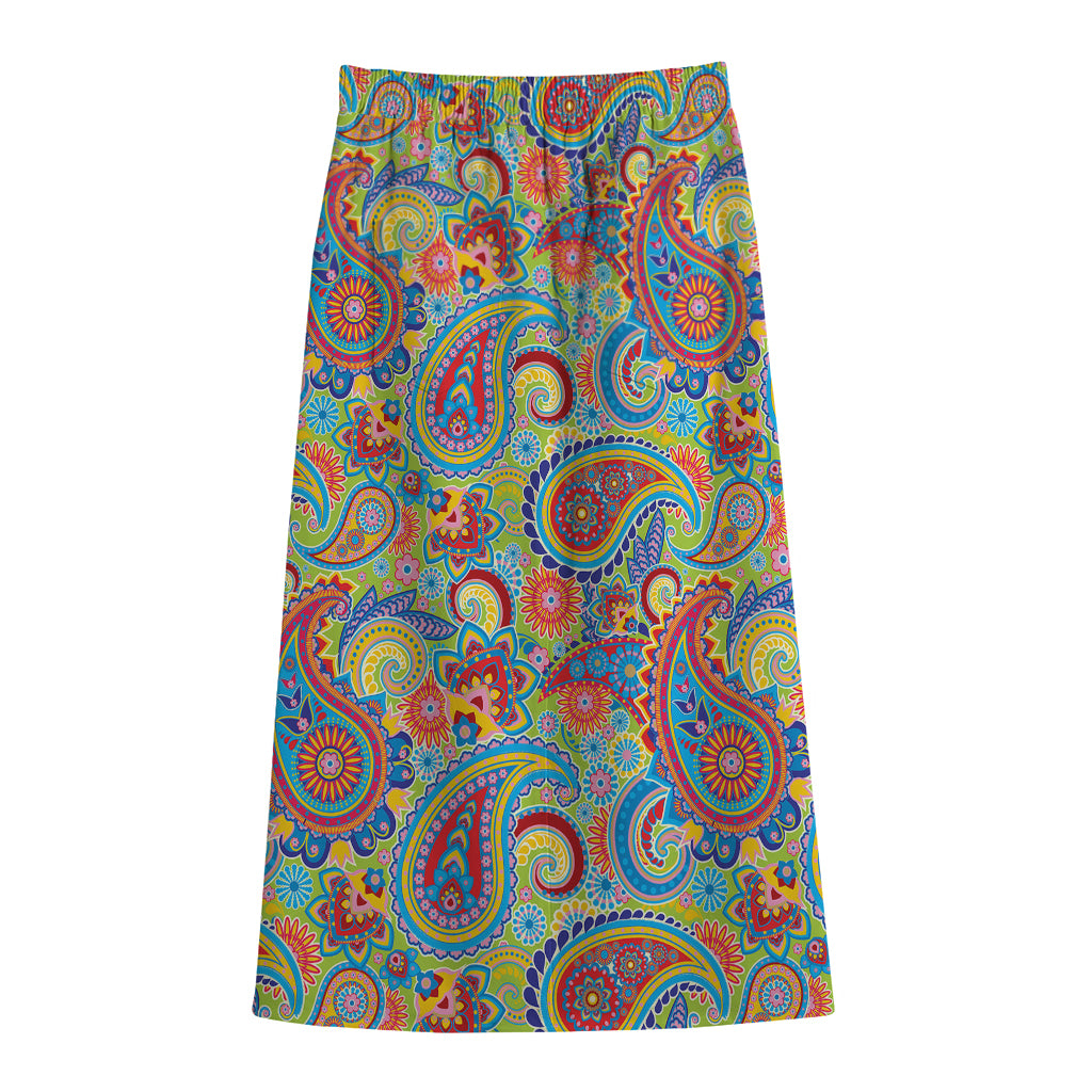 Asian Paisley Pattern Print Cotton Front Slit Maxi Skirt