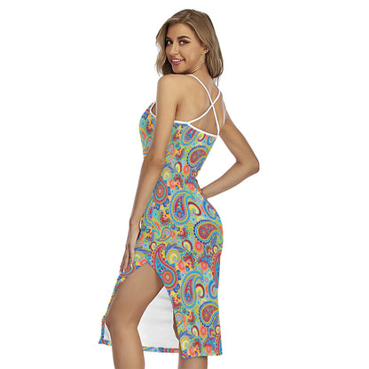 Asian Paisley Pattern Print Cross Back Cami Dress