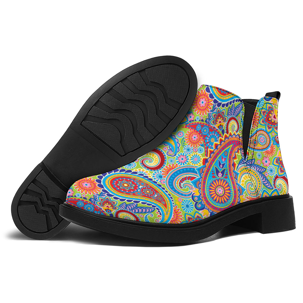 Asian Paisley Pattern Print Flat Ankle Boots