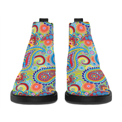 Asian Paisley Pattern Print Flat Ankle Boots