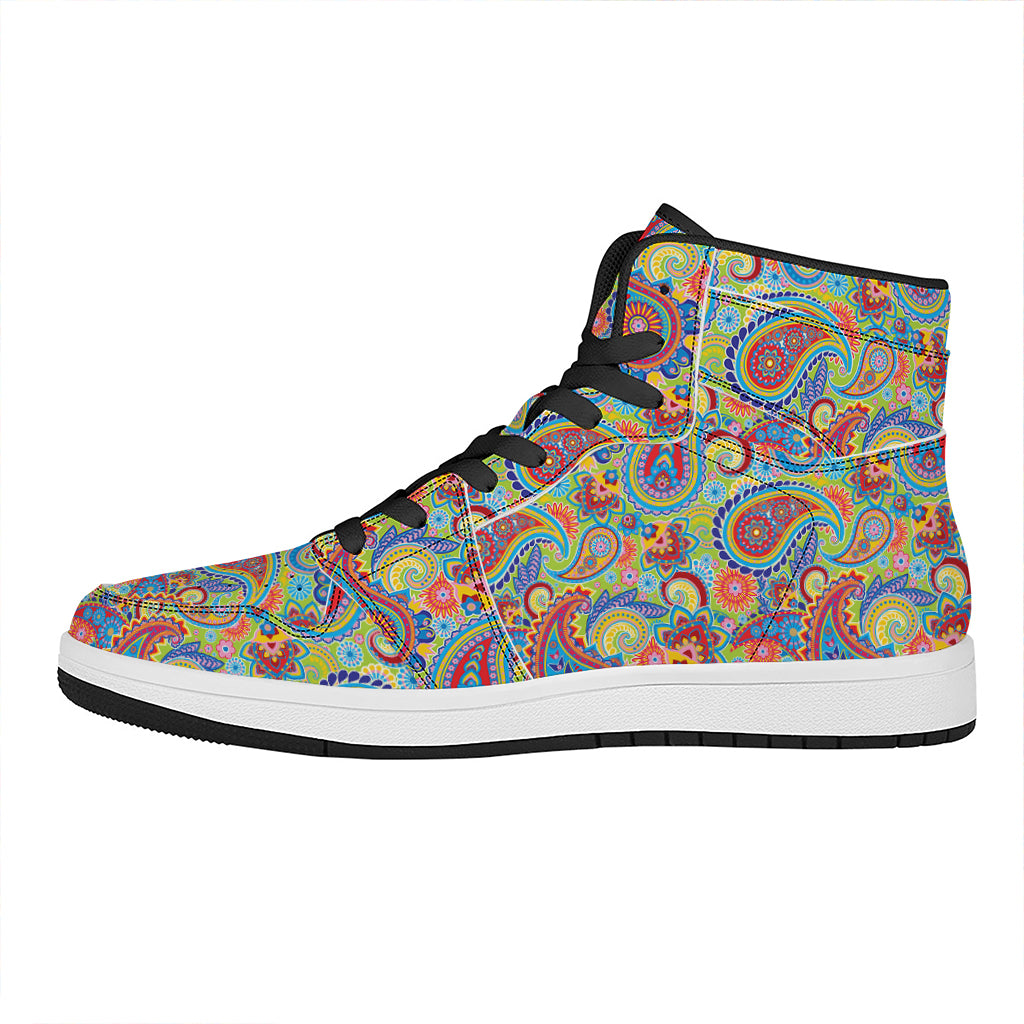 Asian Paisley Pattern Print High Top Leather Sneakers