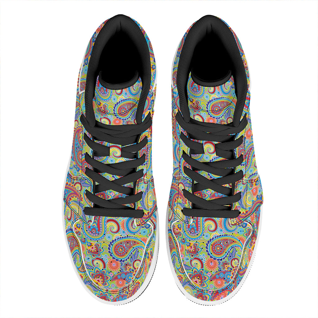 Asian Paisley Pattern Print High Top Leather Sneakers